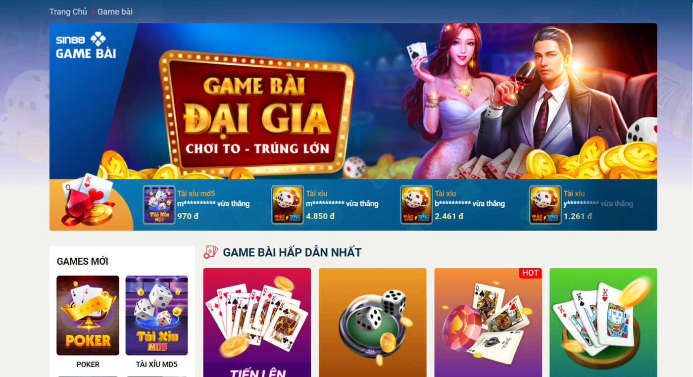 Giao diện thông minh phân chia game bài theo từng mục